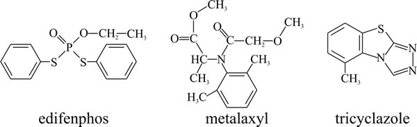 Structural formulae of the fungicides edifenphos, metalaxyl, and tricyclazole